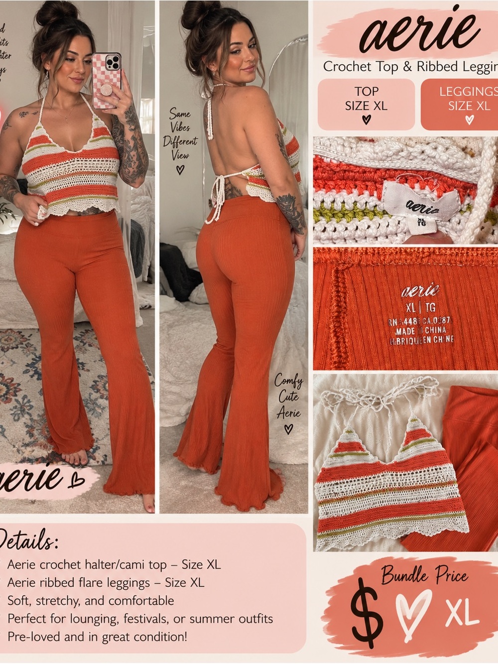 Aerie Multicolor crochet top and ribbed flare leggings